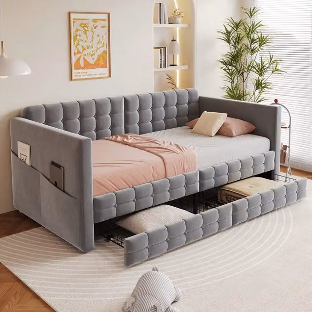 Letto Singolo Imbottito con Cassetti ¨C MINIMAL ¨C Velluto Grigio 90x190