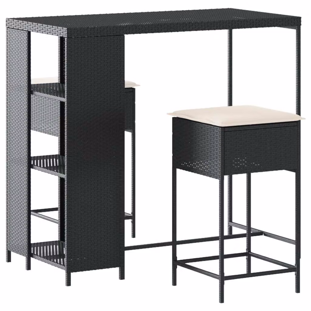 Set Bar da Giardino 3 pz con Cuscini in Polyrattan Nero