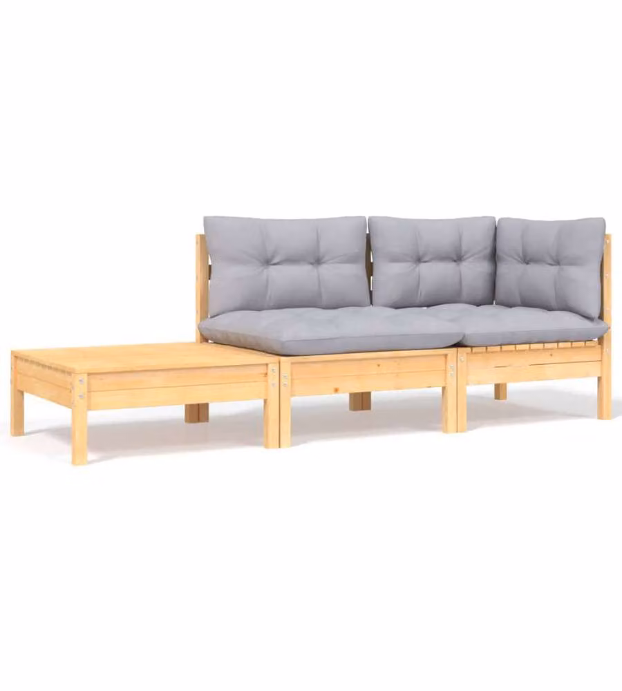 Set Divani da Giardino 3 pz con Cuscini Grigi Massello di Pino