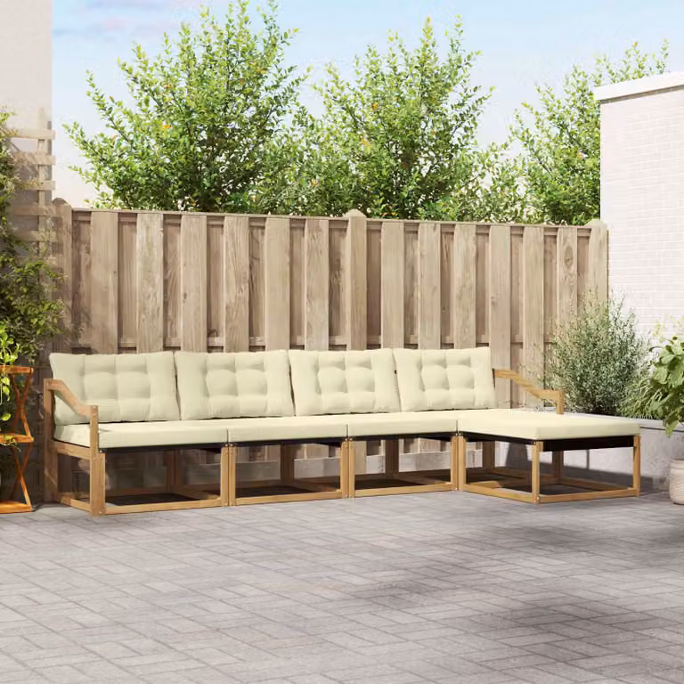 vidaXL Set di divani da esterno a L in legno di acacia con pouf e cuscini, Bianco, Beige e Marrone