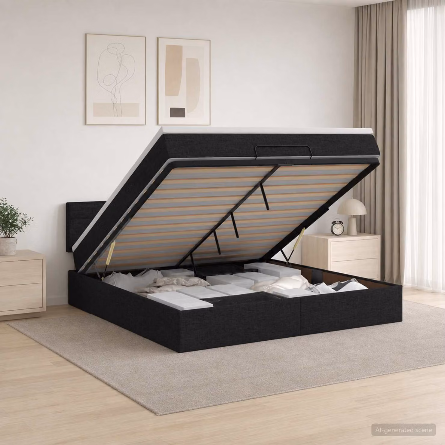 Letto Ottomano con Materasso vidaXL in Tessuto Nero con Illuminazione LED e Porta USB L/P: 140 x 190 cm