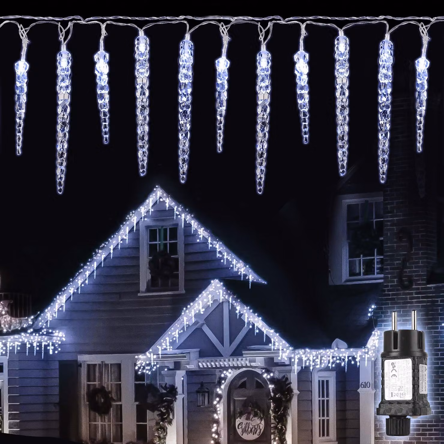 Catena luminosa LED Salcar, 5 metri, 40 LED, effetto stalattiti, luce bianca fredda. Catena luminosa LED con 9 modalità e funzione di memoria. Ideale per decorazioni a tema pioggia di ghiaccio, feste e eventi