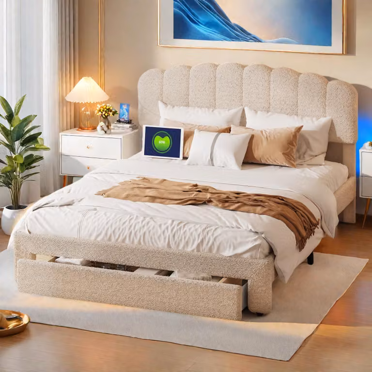 ProximaX Letto imbottito 140x200cm con USB e cassetti, letto matrimoniale letto per ragazzi con rete a doghe, letto in legno letto contenitore letto classico, lana di pecora, beige