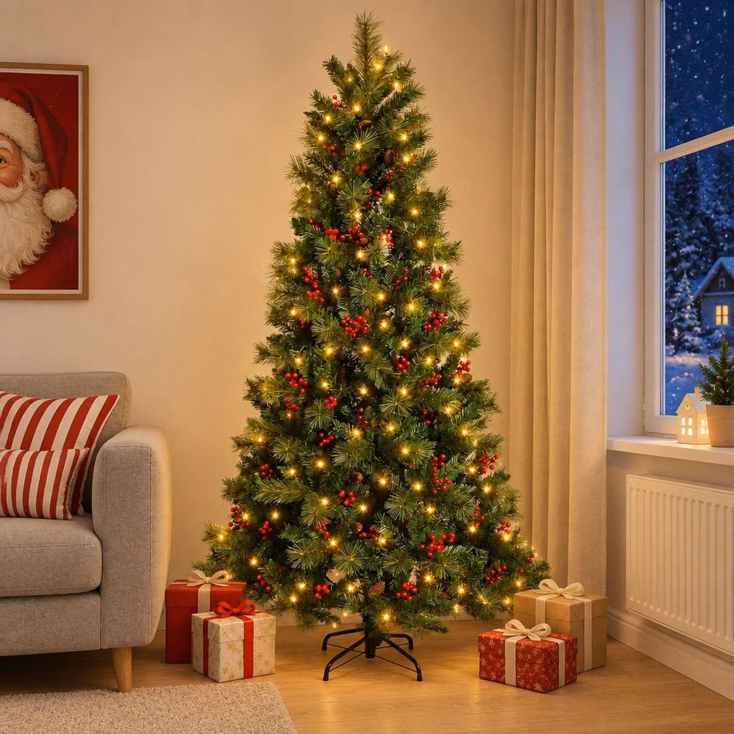 Albero di Natale artificiale pieghevole, altezza 240 cm, con 300 luci a LED