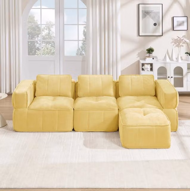 Divano modulare senza telaio con pouf; schiuma 32D; poliestere; giallo; 271x162x67 cm