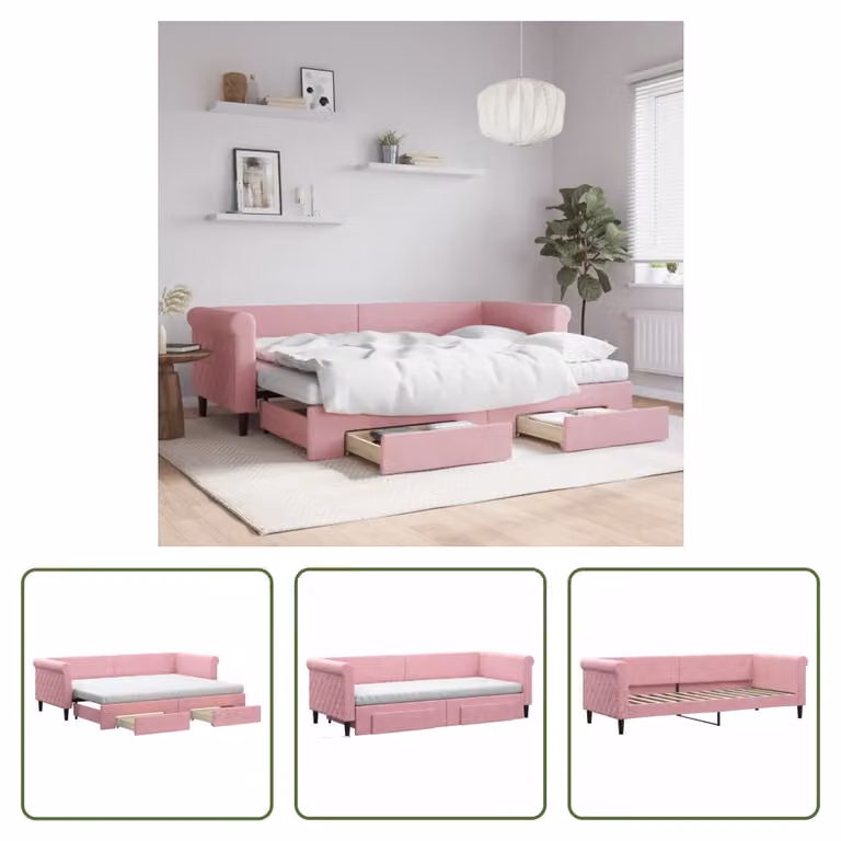 The Living Store Daybed allungabile con cassetti Rosa 80x200 cm in velluto
