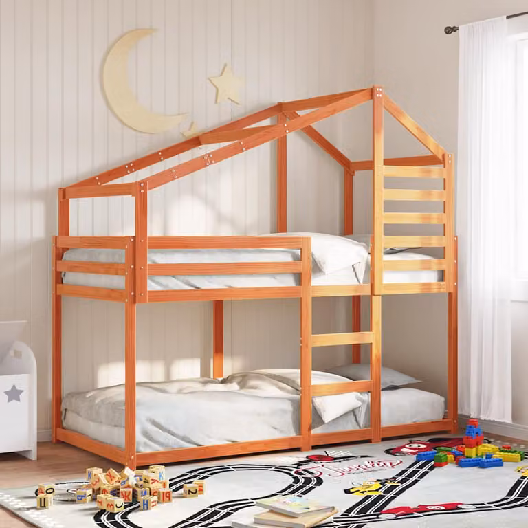 Letto a Castello per Bambini vidaXL in Legno Massello di Pino con Tetto a Forma di Casa, Colore Marrone, 90 x 200 cm
