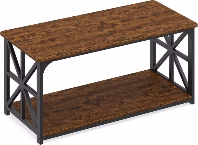 Tavolino da caffè rettangolare in stile industriale con struttura in metallo e mensola in legno marrone L: 109 cm, P: 50 cm, H: 48 cm – 1