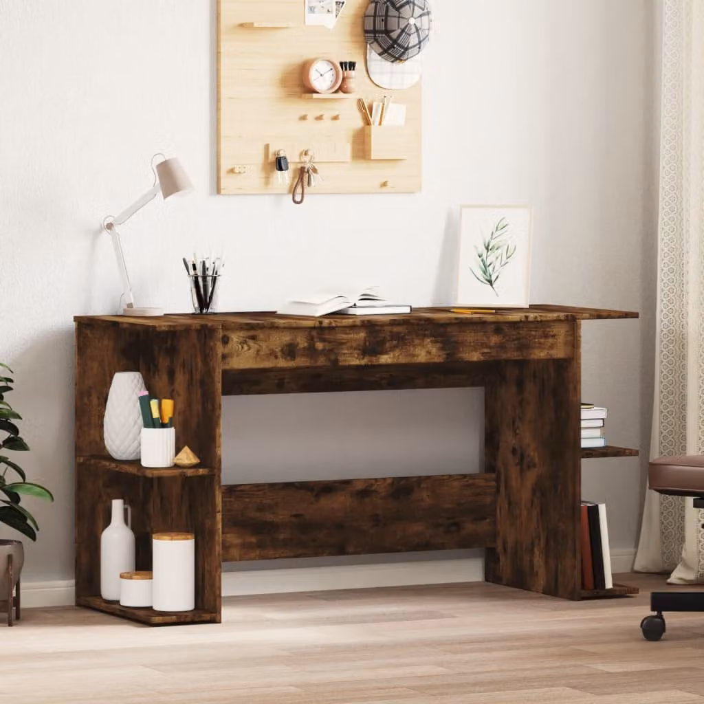 Scrivania moderna vidaXL in legno color rovere fumo, L 140 x P 50 x H 75 cm