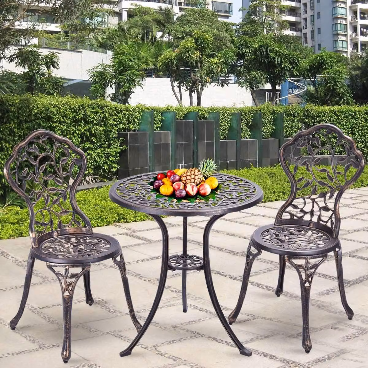 Set da bistrot in alluminio pressofuso antico, 3 pezzi, set da balcone, gruppo di posti a sedere, tavolo da giardino con 2 sedie, nero