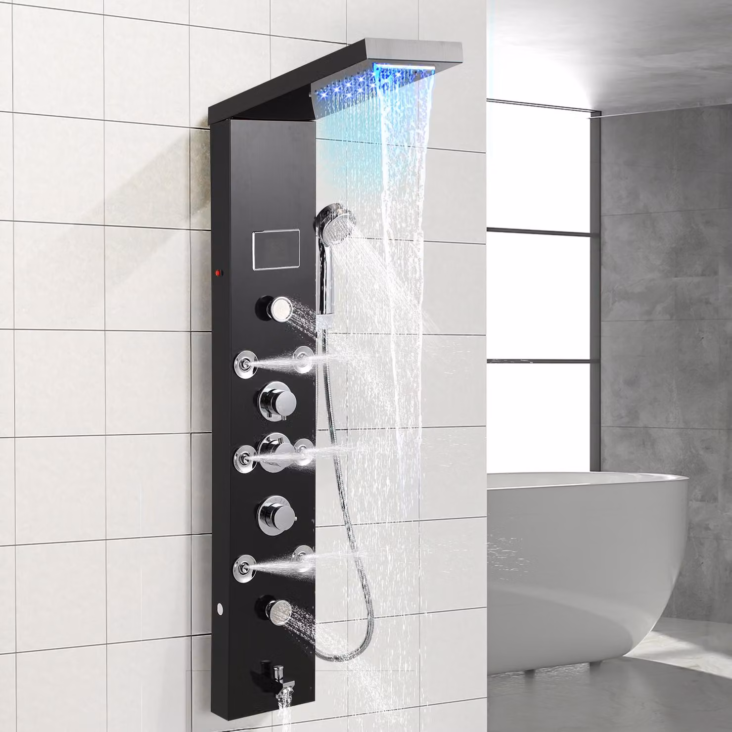 Pannello doccia Ikodm 6 in 1 in acciaio inossidabile 304 nero, con doccia a pioggia, getto a cascata, getto massaggio, soffione manuale e scarico per vasca, dotato di display LED, con attacco G1/2