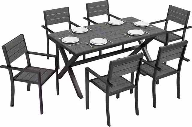 Set Pranzo da Giardino Xylo per 6 Persone con Tavolo Allungabile e Sedie Impilabili in Effetto Legno Grigio