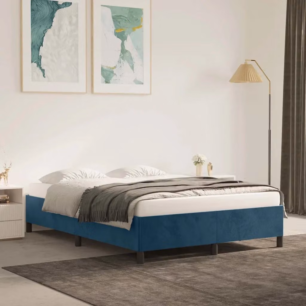 Letto matrimoniale DESIGN IN in velluto blu scuro con doghe in legno, L/P/H: 143 x 200 x 203 cm – 2