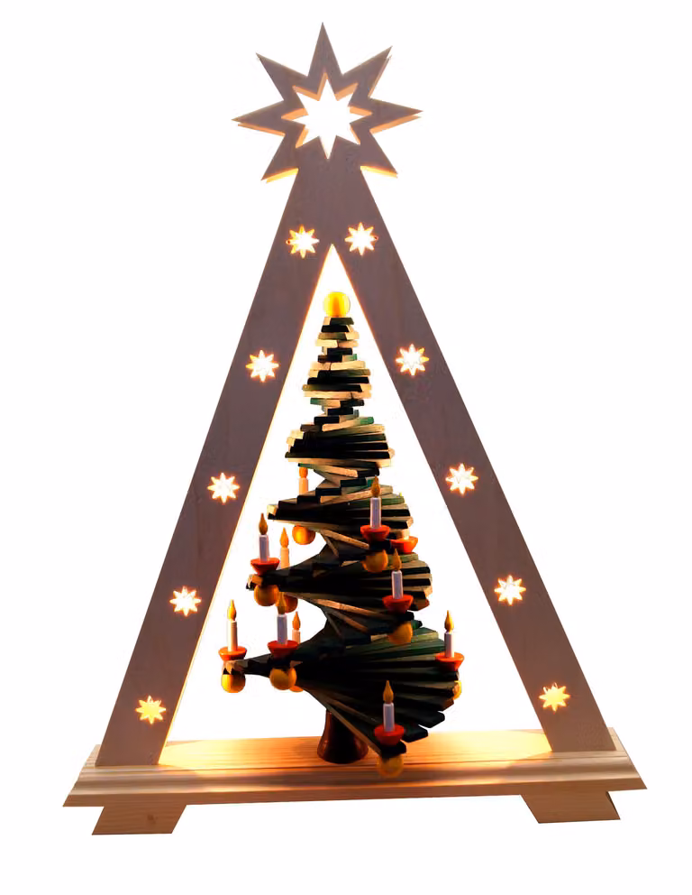 Schwibbogen decorativo a forma di stella con albero a gradini, dimensioni: altezza 47,5 cm, larghezza 36 cm, profondità 19 cm. Nuovo