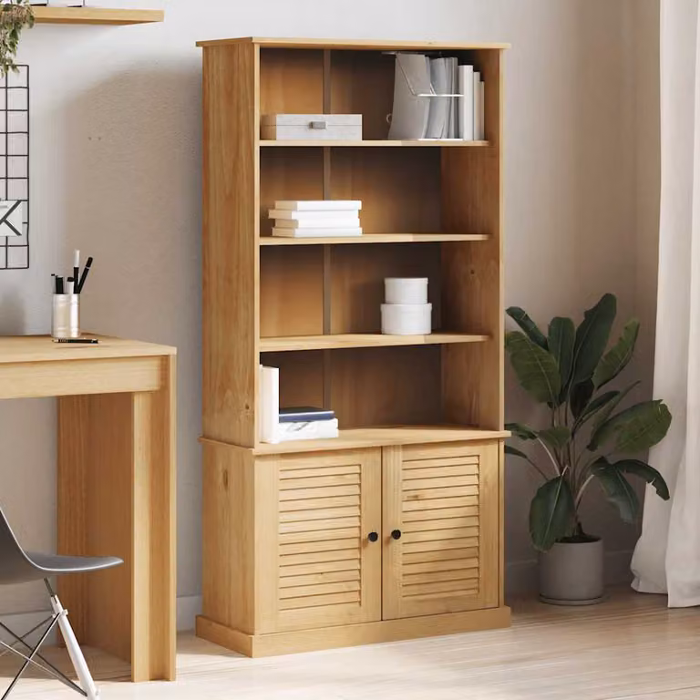 Libreria vidaXL VIGO in legno massello di pino e metallo, stile rustico, marrone, L 85 cm x P 35 cm x H 170 cm