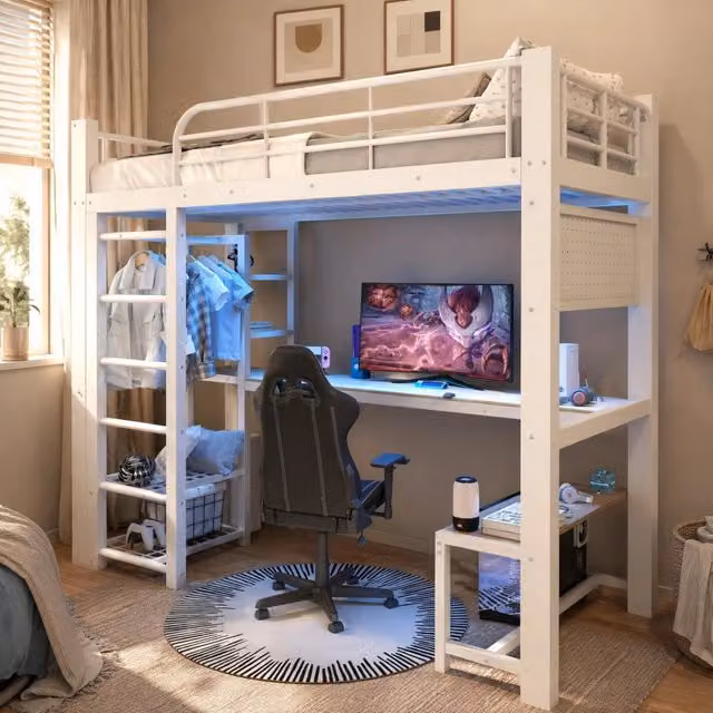 Letto a soppalco 90×200 cm con scrivania, LED regolabile, mensole e appendiabiti, senza materasso, bianco