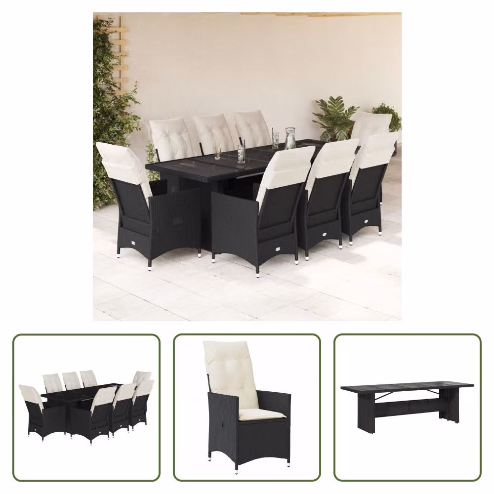The Living Store Set bistrot da giardino da 9 pezzi con cuscini in poly rattan nero