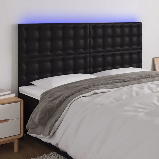 Testiera con LED Design Mania in similpelle nera con porta USB, L: 180 cm, H: 118/128 cm, P: 5 cm