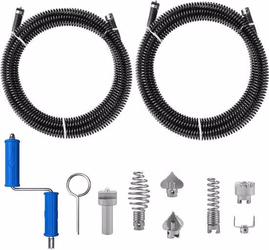 Spirale per la pulizia in acciaio 2 x 3 metri, diametro 12 mm, con 6 scovolini per scarichi, testa di taglio e 1 adattatore manuale e 1 elettrico