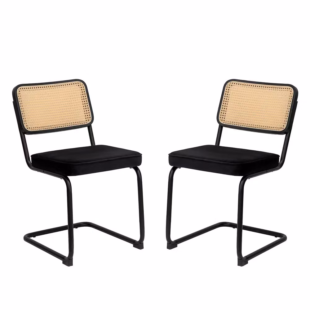 Set di 2 sedie da pranzo Minimal in velluto nero con dettagli in rattan e gambe in metallo cromato per cucina e soggiorno – 2