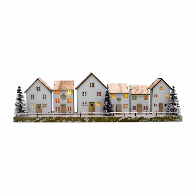 Scena natalizia in legno con LED bianchi alimentata a batteria - 40 x 11 cm - Decorazione paesaggio invernale illuminata con luce bianca calda - Villaggio natalizio Città invernale Decorazione da tavolo Decorazione per finestre