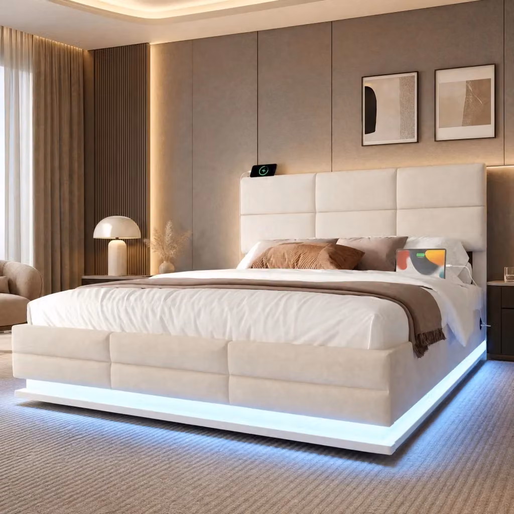 Letto REDOM in velluto beige con testiera regolabile, illuminazione LED, porta USB e vano contenitore, L/P/H: 140 x 200 x 47 cm – 2