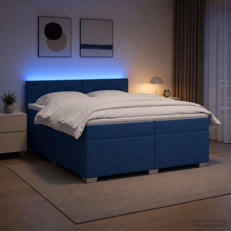 Letto con Box Spring vidaXL con Materasso Ibrido, Illuminazione LED Blu e Porta USB, Tessuto Bianco e Blu, 200 x 200 cm