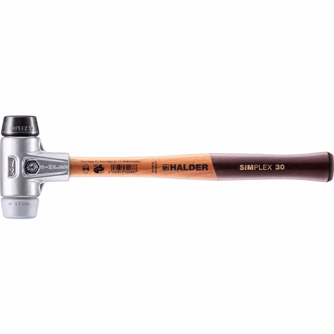 Mazza SIMPLEX soft-face con alloggiamento in alluminio e manico in legno, Ø 30, composizione in gomma / TPE-mid
