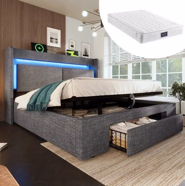 Letto contenitore 140x200 cm grigio in lino con LED, USB-C, vano e materasso