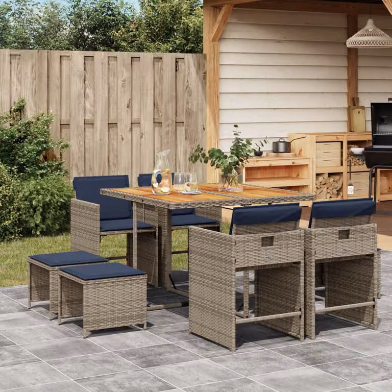 Set da pranzo da giardino vidaXL in polyrattan e legno di acacia da 9 pezzi con cuscini, colore grigio