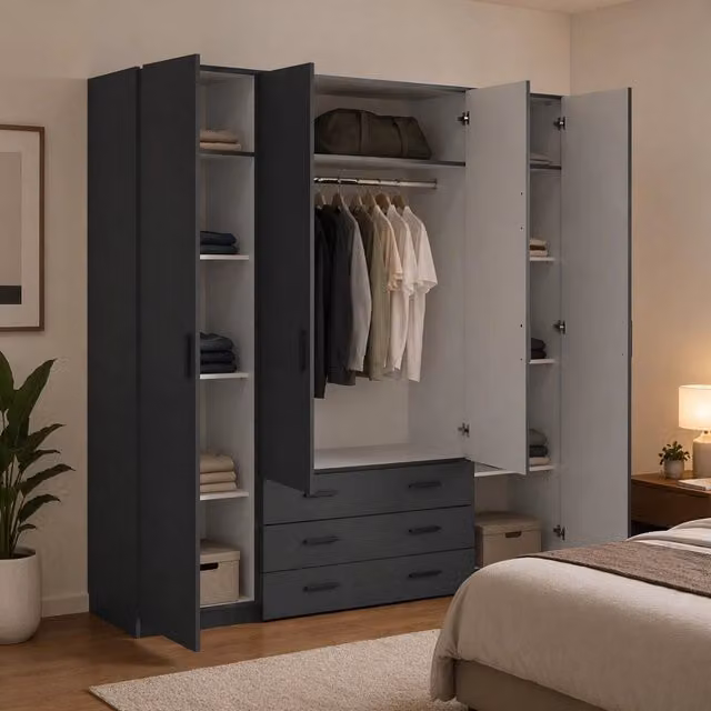 Armadio da camera da letto DMORA Epipola, moderno con ante a battente e cassetti integrati, Grigio opaco, L: 196 cm, P: 50 cm, H: 200 cm – 1