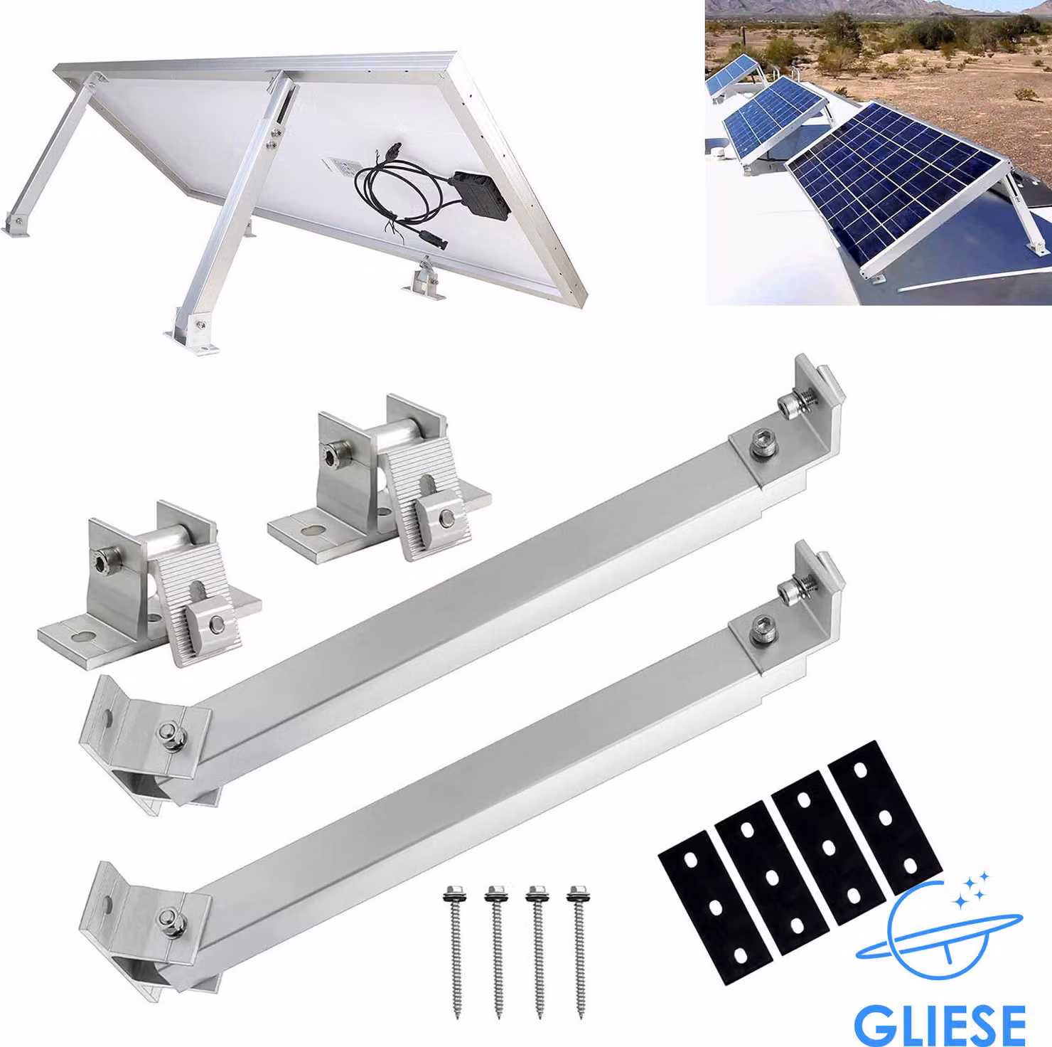 Supporto a terra per pannelli solari, struttura regolabile, fissaggio al tetto, montaggio per 2 moduli solari