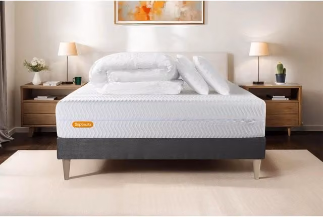 Set letto completo Septnuits con materasso 140x200 cm, box spring con doghe, 2 cuscini e piumino, colore bianco