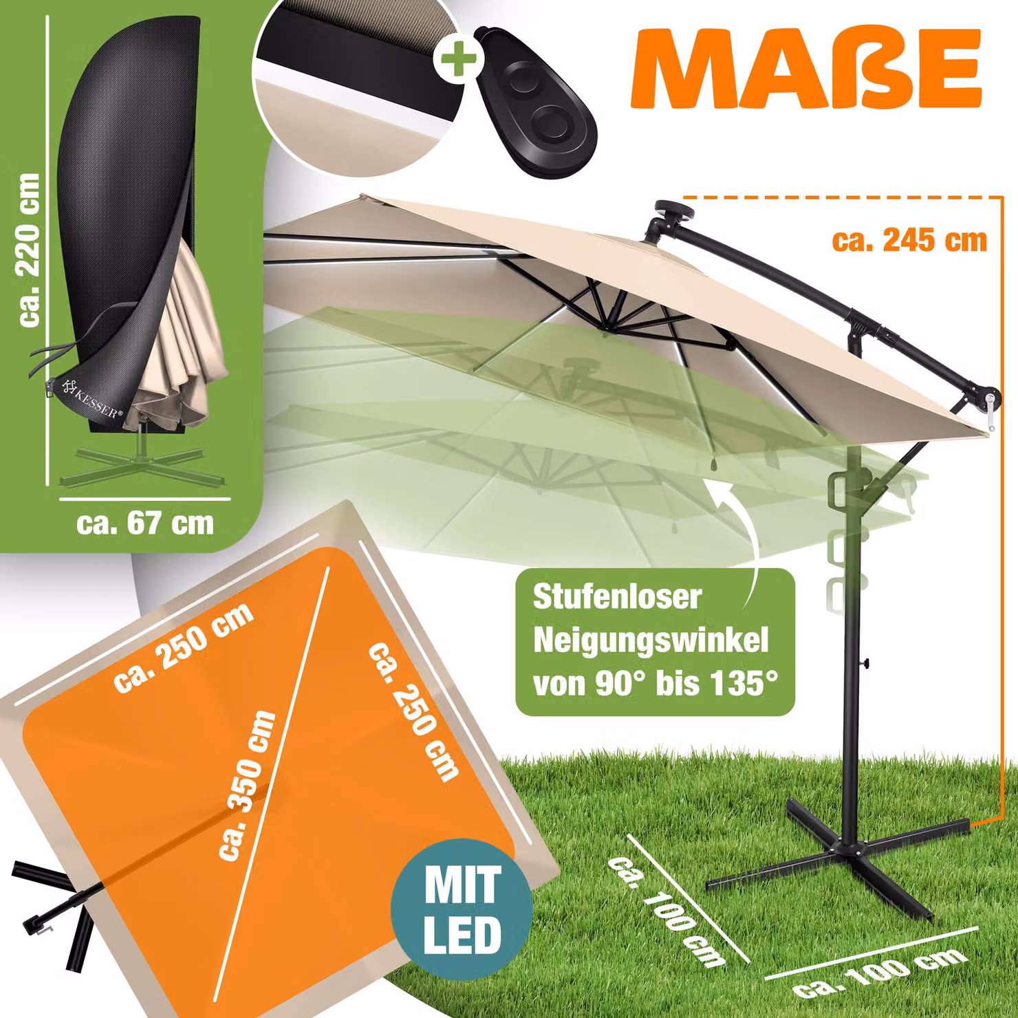 KESSER® Parasole per pergolati modello Holly, forma rettangolare, diametro 350 cm, con/senza illuminazione solare a LED, inclusa copertura