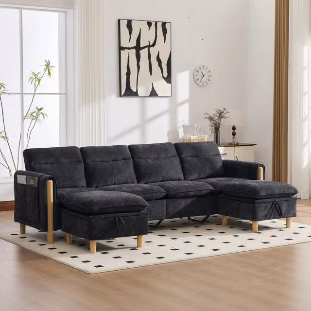 Divano modulare 4 posti 261x77x86 cm con 2 pouf contenitore in ciniglia nero