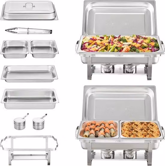 Set di riscaldamento per cibi - 2 grandi contenitori e 4 piccoli contenitori - 60x35x32 cm - Capacità di 7,5 L cadauno - Acciaio inossidabile