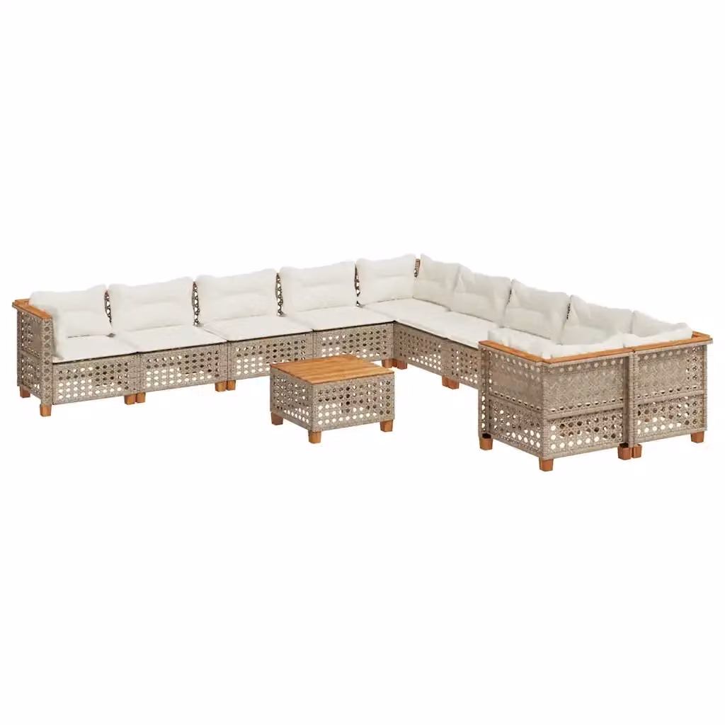 Set di Divani da Giardino vidaXL in Polyrattan e Legno di Acacia con Cuscini Beige e Tavolino, Design Moderno a Forma di U, 11 Pezzi – 2