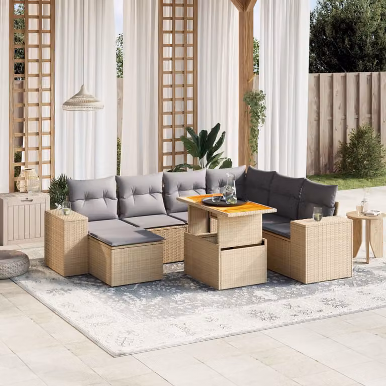 vidaXL Set Divano da Giardino 8 pz a L con Cuscini Beige in Polyrattan e Tavolino da Esterno