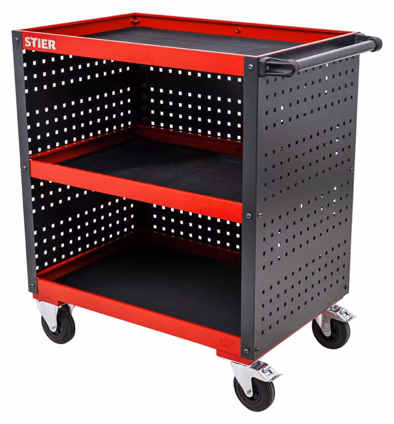 Carrello di servizio STIER, carrello da officina, con rivestimento in pannelli forati, HxLxP 960x810x543 mm, con rotelle, tre ripiani