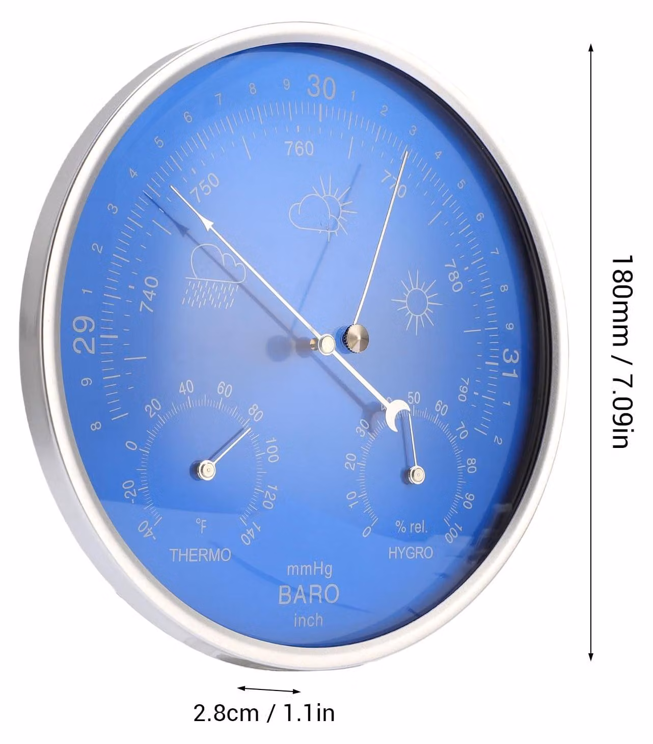 Stazione meteorologica meccanica da 180 mm, 3 in 1: barometro, termometro e igrometro, adatta per interni ed esterni