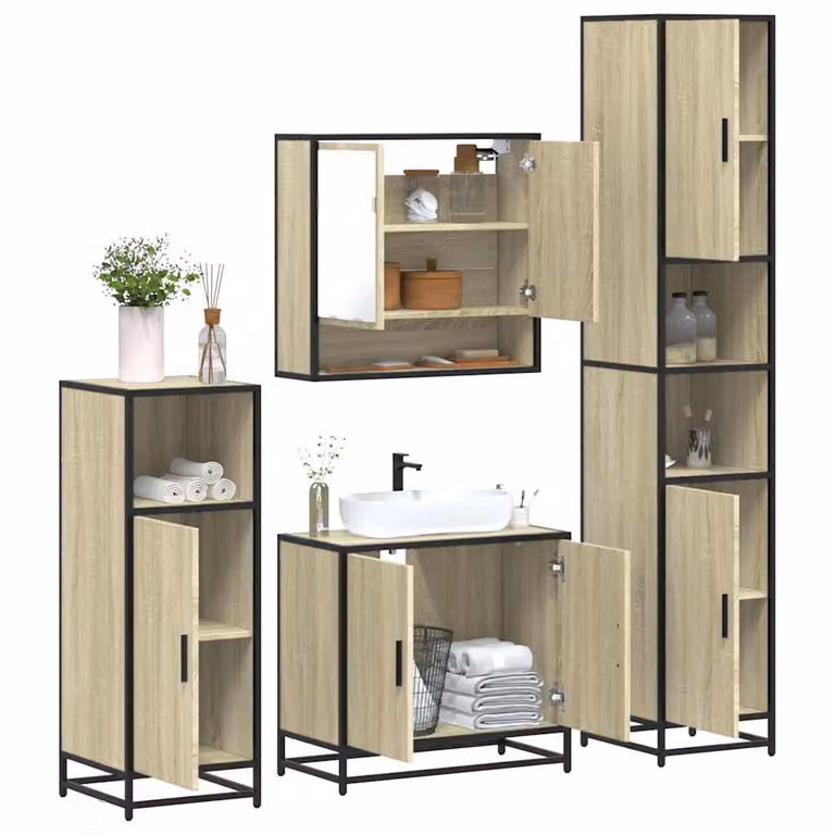 Set di mobili da bagno vidaXL 4 pezzi in stile industriale, colore marrone e beige, con armadietto specchio, mobile lavabo, mobile laterale e colonna alta, in legno e MDF