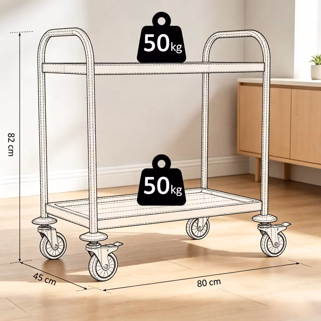 Carrello da cucina moderno WISHDOR in metallo cromato grigio con 2 ripiani e 4 ruote girevoli L/P/H: 80 x 45 x 82 cm – 2