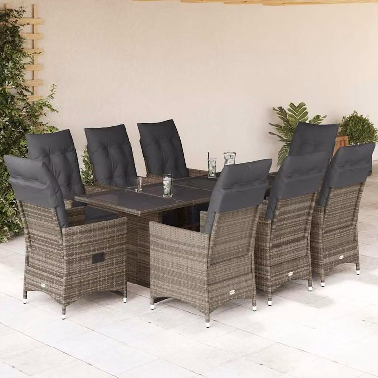 vidaXL Set Bistrò da Giardino 9 pz in Polyrattan e Metallo con Cuscini Grigio