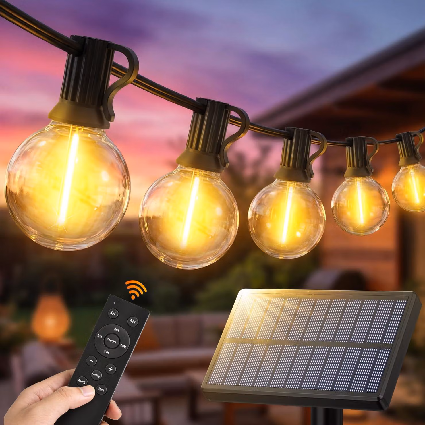 Catena luminosa solare da 15 metri, con lampadine LED G40, 3 modalità, grado di protezione IP44, luce giallo caldo