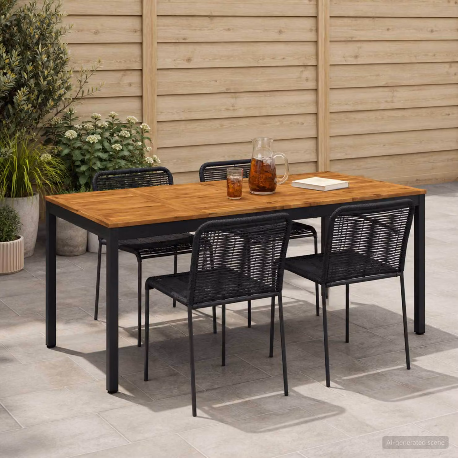 vidaXL Tavolo da giardino rettangolare in legno di acacia, Naturale e Nero, L: 147 cm, P: 88,5 cm, H: 75 cm