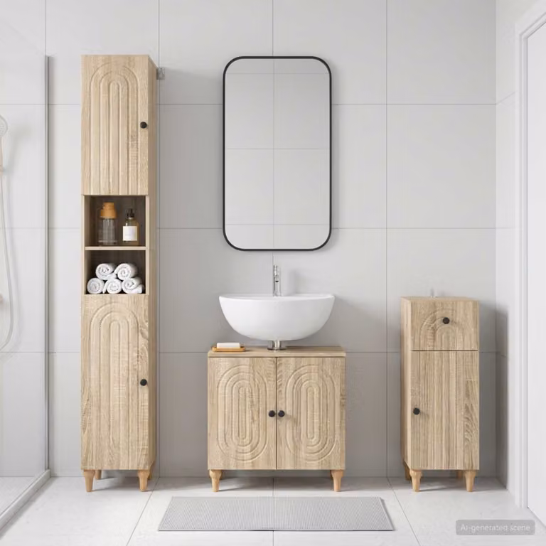 Set di armadietti da bagno moderni vidaXL ALKMAAR in 3 pezzi, colore marrone Rovere Sonoma, con ante a battente e ripiani interni