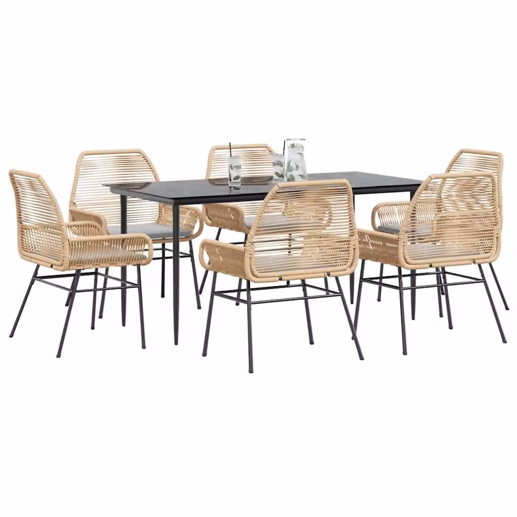 Set da pranzo da giardino vidaXL in polyrattan marrone con 7 pezzi, tavolo rettangolare in vetro e sedie con cuscini