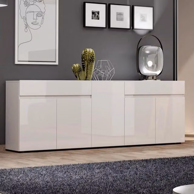 Credenza Elenia, Buffet da soggiorno, Madia da salotto, Dispensa da cucina, Made in Italy, 225x38h79 cm, Bianco lucido