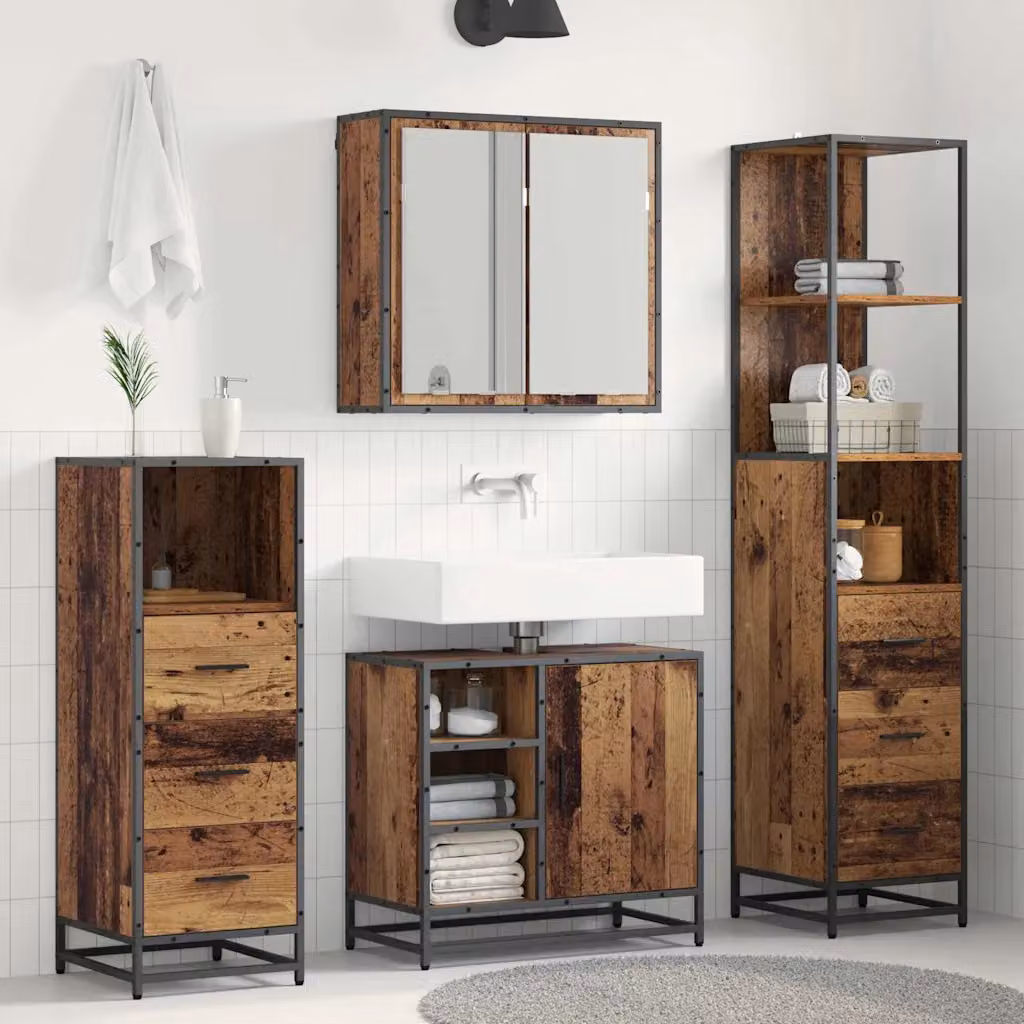 Set di mobili per il bagno moderno vidaXL in legno e metallo marrone, composto da armadietto con specchio, mobile lavabo, mobile laterale e colonna alta, L/P/H: 65 x 33 x 166 cm