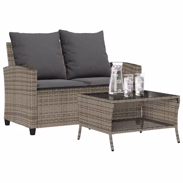 Set da giardino vidaXL composto da divano a 2 posti con cuscini e tavolino da caffè in rattan grigio con struttura in metallo e piano in vetro